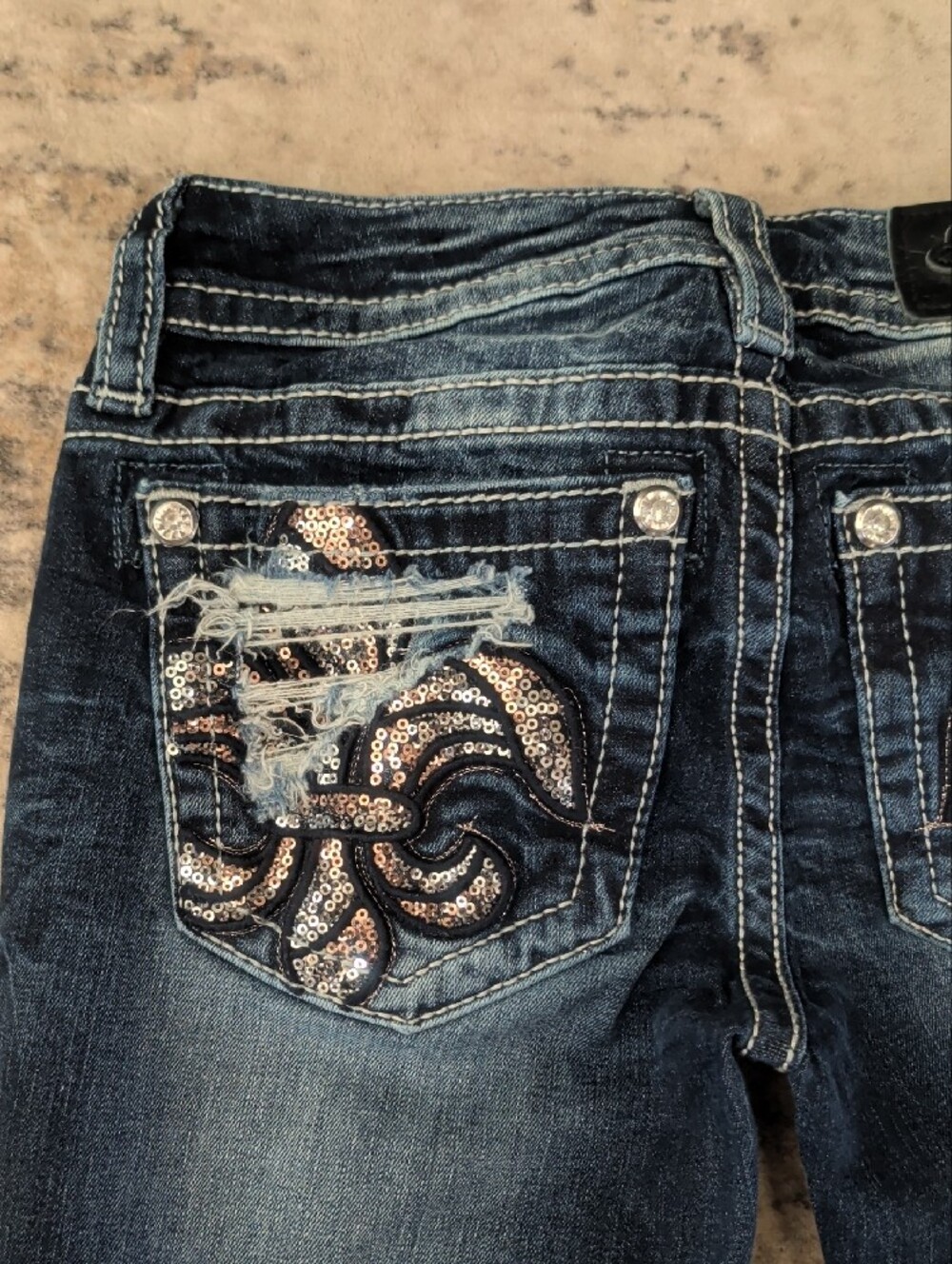 Miss Me Dark Wash Flare Jeans with Distressed Accents - Picture 7 of 7